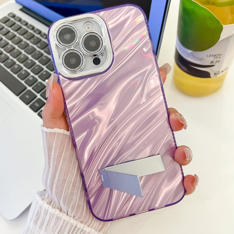 For iPhone 16 Pro Plating Glitter Texture Fold Holder TPU Phone Case with Lens Film(Pink Water Ripples) - iPhone 16 Pro Cases by buy2fix | Online Shopping UK | buy2fix