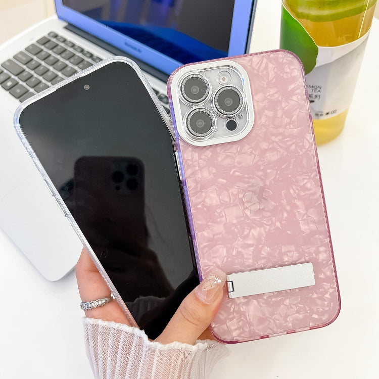 For iPhone 16 Plating Glitter Texture Fold Holder TPU Phone Case with Lens Film(Purple Water Ripples) - iPhone 16 Cases by buy2fix | Online Shopping UK | buy2fix