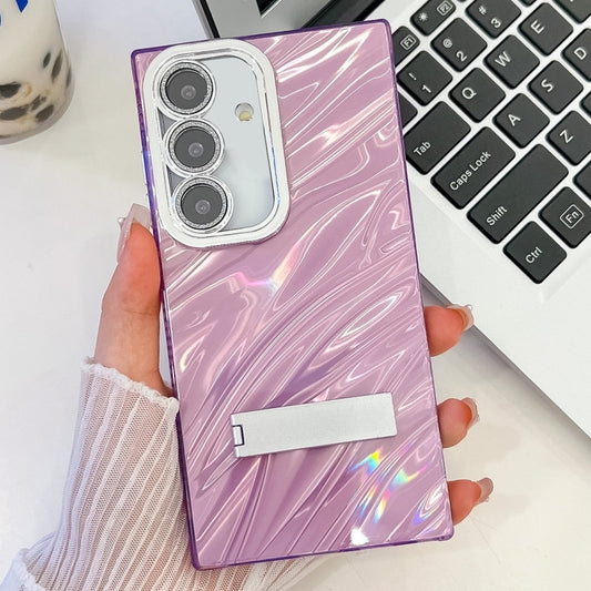 For Samsung Galaxy S25 5G Plating Glitter Texture Fold Holder TPU Phone Case with Lens Film(Purple Water Ripples) - Galaxy S25 5G Cases by buy2fix | Online Shopping UK | buy2fix