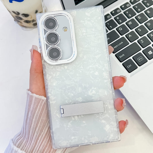 For Samsung Galaxy S25 5G Plating Glitter Texture Fold Holder TPU Phone Case with Lens Film(White Shell Pattern) - Galaxy S25 5G Cases by buy2fix | Online Shopping UK | buy2fix