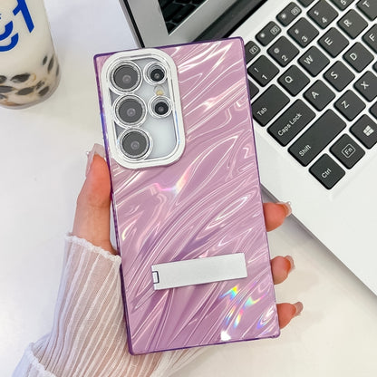 For Samsung Galaxy S25 Ultra 5G Plating Glitter Texture Fold Holder TPU Phone Case with Lens Film(Purple Water Ripples) - Galaxy S25 Ultra 5G Cases by buy2fix | Online Shopping UK | buy2fix