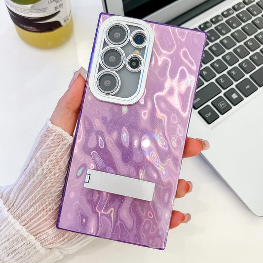 For Samsung Galaxy S25 Ultra 5G Plating Glitter Texture Fold Holder TPU Phone Case with Lens Film(Purple Wrinkles) - Galaxy S25 Ultra 5G Cases by buy2fix | Online Shopping UK | buy2fix