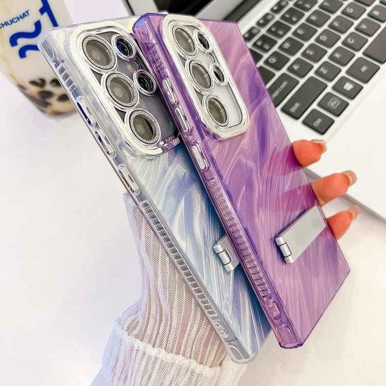 For Samsung Galaxy S25 5G Plating Glitter Texture Fold Holder TPU Phone Case with Lens Film(Purple Feathers) - Galaxy S25 5G Cases by buy2fix | Online Shopping UK | buy2fix