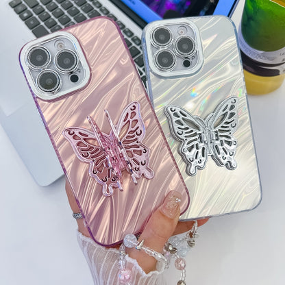 For iPhone 16 Plating Glitter Lens Film Texture Butterfly Holder Wristband Phone Case(Purple Water Ripples) - iPhone 16 Cases by buy2fix | Online Shopping UK | buy2fix