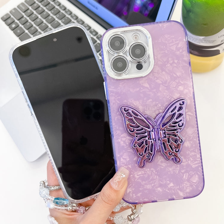 For iPhone 16 Pro Max Plating Glitter Lens Film Texture Butterfly Holder Wristband Phone Case(Purple Water Ripples) - iPhone 16 Pro Max Cases by buy2fix | Online Shopping UK | buy2fix