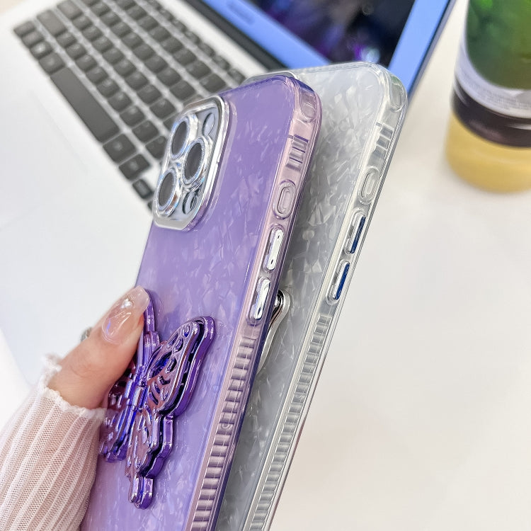 For iPhone 16 Plating Glitter Lens Film Texture Butterfly Holder Wristband Phone Case(Purple Tinfoil Texture) - iPhone 16 Cases by buy2fix | Online Shopping UK | buy2fix