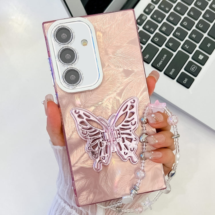 For Samsung Galaxy S25 5G Plating Glitter Lens Film Texture Butterfly Holder Wristband Phone Case(Pink Feathers) - Galaxy S25 5G Cases by buy2fix | Online Shopping UK | buy2fix