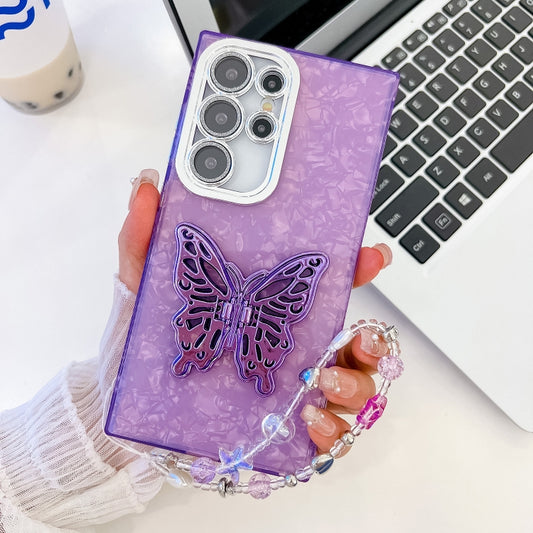 For Samsung Galaxy S25 Ultra 5G Plating Glitter Lens Film Texture Butterfly Holder Wristband Phone Case(Purple Shell Pattern) - Galaxy S25 Ultra 5G Cases by buy2fix | Online Shopping UK | buy2fix