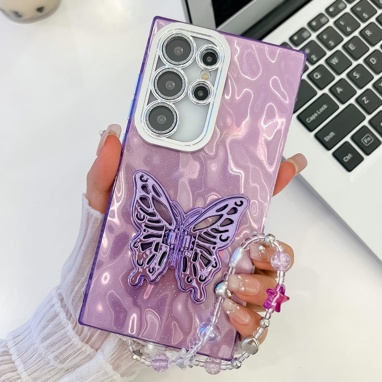 For Samsung Galaxy S25 Ultra 5G Plating Glitter Lens Film Texture Butterfly Holder Wristband Phone Case(Purple Wrinkles) - Galaxy S25 Ultra 5G Cases by buy2fix | Online Shopping UK | buy2fix