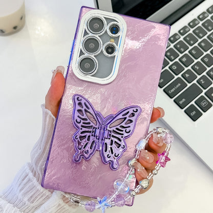 For Samsung Galaxy S25 Ultra 5G Plating Glitter Lens Film Texture Butterfly Holder Wristband Phone Case(Purple Tinfoil Texture) - Galaxy S25 Ultra 5G Cases by buy2fix | Online Shopping UK | buy2fix