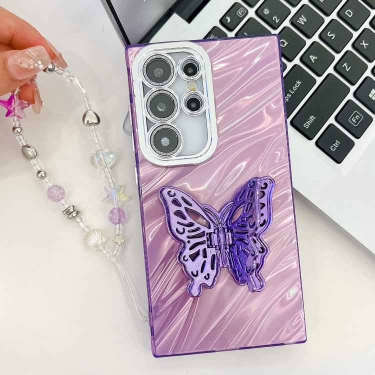 For Samsung Galaxy S25 Ultra 5G Plating Glitter Lens Film Texture Butterfly Holder Wristband Phone Case(Purple Feathers) - Galaxy S25 Ultra 5G Cases by buy2fix | Online Shopping UK | buy2fix