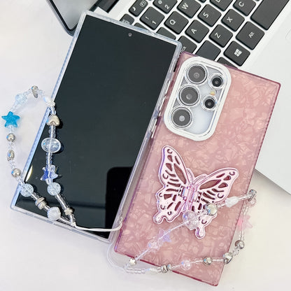 For Samsung Galaxy S25 Ultra 5G Plating Glitter Lens Film Texture Butterfly Holder Wristband Phone Case(Pink Feather Yarn) - Galaxy S25 Ultra 5G Cases by buy2fix | Online Shopping UK | buy2fix