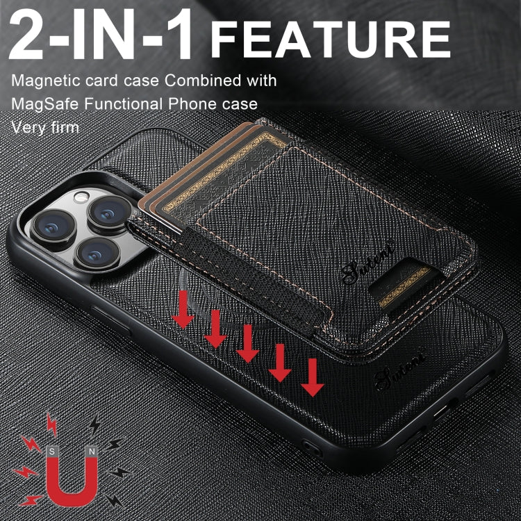 For iPhone 16 Pro Max Suteni H17 Cross Grain Leather MagSafe Detachable Wallet Phone Case(Black) - iPhone 16 Pro Max Cases by Suteni | Online Shopping UK | buy2fix