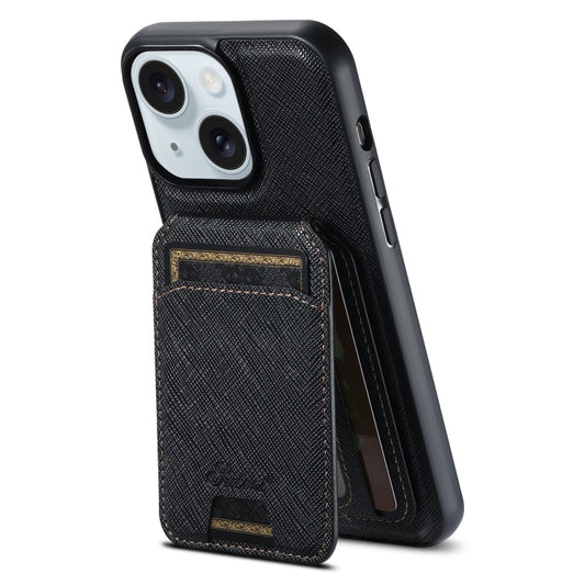 For iPhone 15 Plus Suteni H18 Cross Grain MagSafe Wallet Leather Phone Case(Black) - iPhone 15 Plus Cases by Suteni | Online Shopping UK | buy2fix