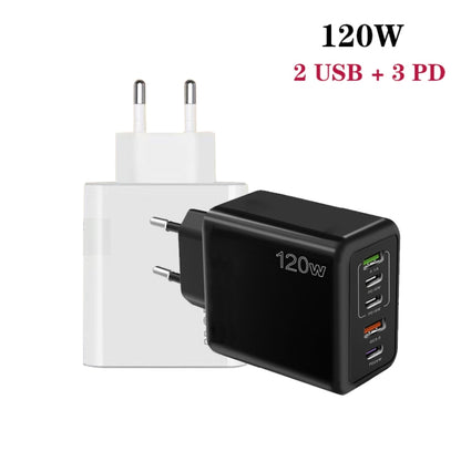 120W 3 PD Type-C Dual USB Multi Port Charger for Mobile Phones, EU Plug(Black) - USB Charger by buy2fix | Online Shopping UK | buy2fix