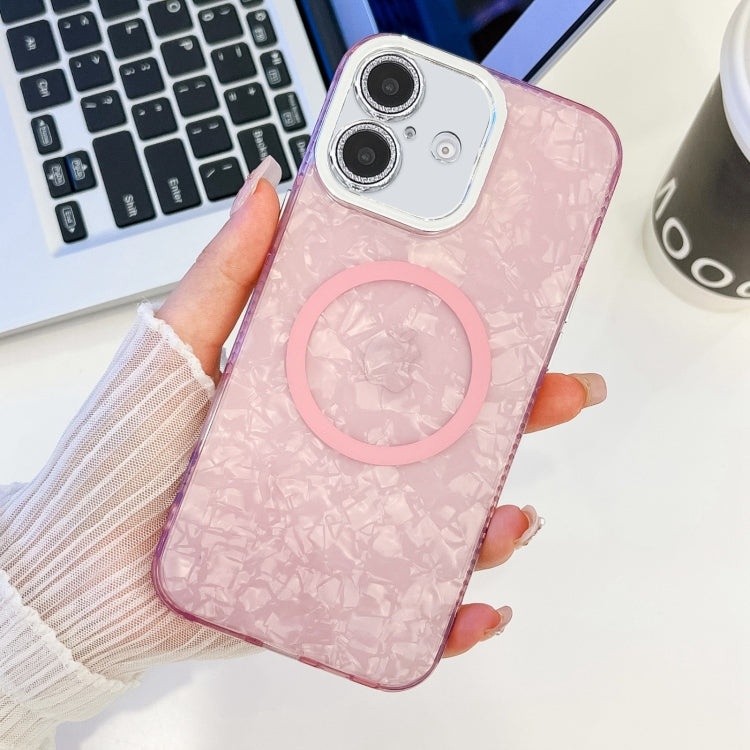 For iPhone 16 Plating Texture MagSafe TPU Phone Case with Glitter Lens Film(Pink Shell Pattern) - iPhone 16 Cases by buy2fix | Online Shopping UK | buy2fix