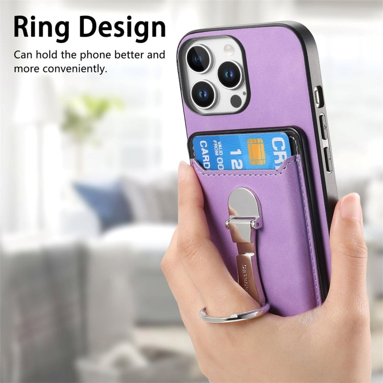 For iPhone 16 Pro Max Retro Folding Ring Holder Card Bag MagSafe Phone Case(Purple) - iPhone 16 Pro Max Cases by buy2fix | Online Shopping UK | buy2fix