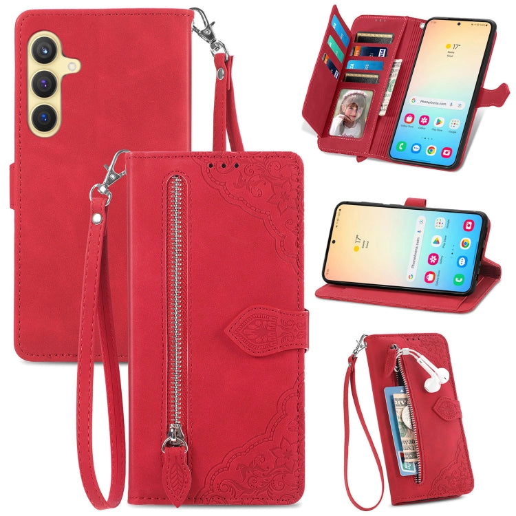 For Samsung Galaxy S25 5G Embossed Flower Zipper Leather Phone Case(Red) - Galaxy S25 5G Cases by buy2fix | Online Shopping UK | buy2fix