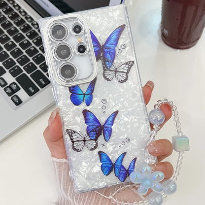 For Samsung Galaxy S25 Ultra 5G Plating Texture Butterfly Wristband TPU Phone Case with Glitter Lens Film(Blue Butterflies HU3) - Galaxy S25 Ultra 5G Cases by buy2fix | Online Shopping UK | buy2fix