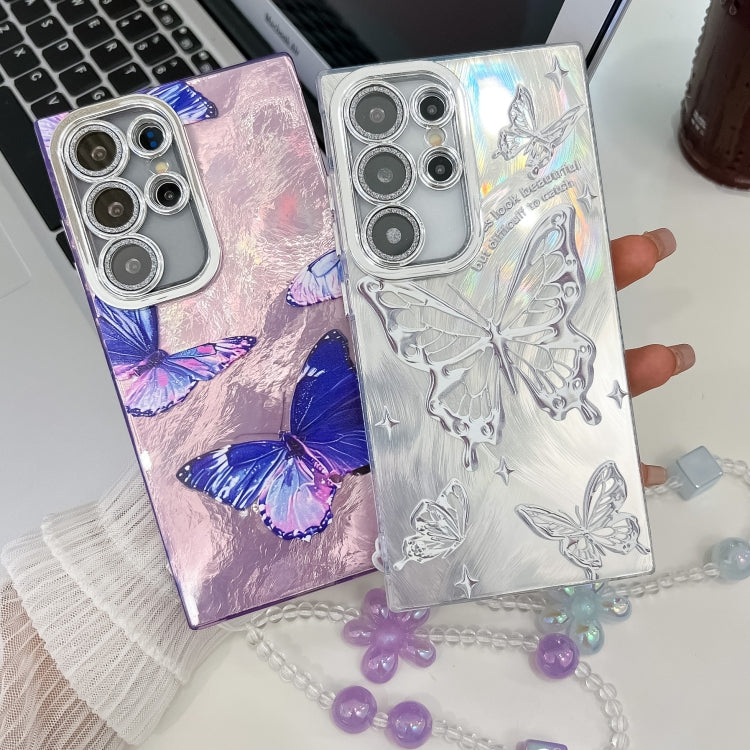 For Samsung Galaxy S25 5G Plating Texture Butterfly Wristband TPU Phone Case with Glitter Lens Film(Purple Butterflies HU4) - Galaxy S25 5G Cases by buy2fix | Online Shopping UK | buy2fix