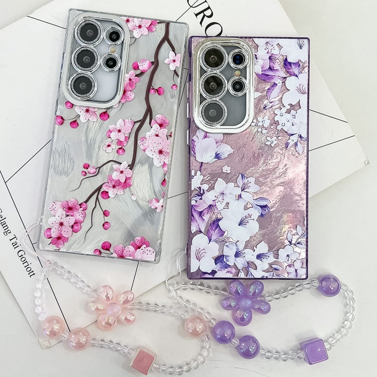 For Samsung Galaxy S25 Ultra 5G Electroplating Flowers Plants Texture Wristband TPU Phone Case(Pale Purple FlowerFL11) - Galaxy S25 Ultra 5G Cases by buy2fix | Online Shopping UK | buy2fix