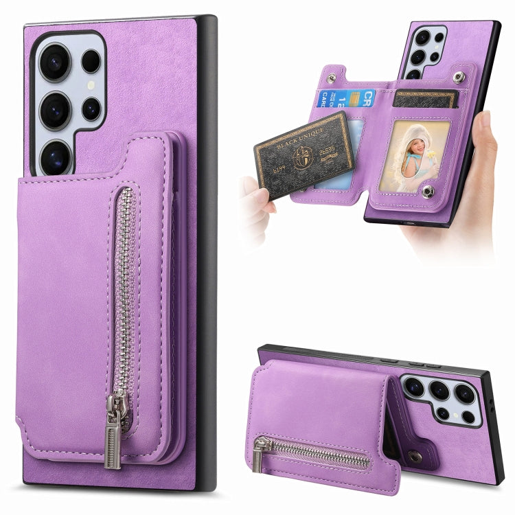 For Samsung Galaxy S25 Ultra 5G Retro MagSafe Zipper Wallet Card Bag Back Phone Case(Purple) - Galaxy S25 Ultra 5G Cases by buy2fix | Online Shopping UK | buy2fix