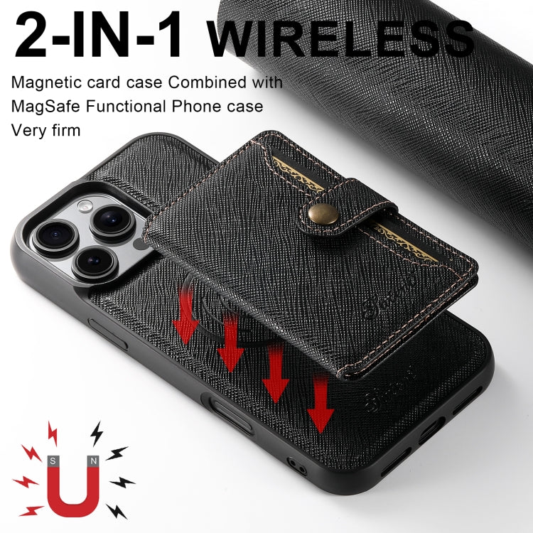 For iPhone 16 Suteni H20 Cross-Grain MagSafe Horizontal Card Bag Back Phone Case(Black) - iPhone 16 Cases by Suteni | Online Shopping UK | buy2fix