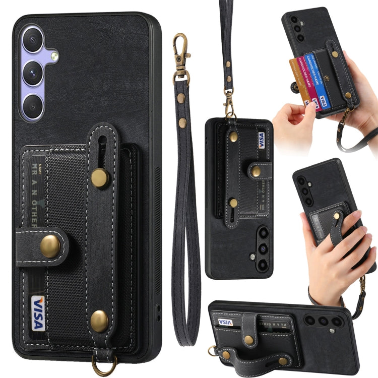 For Samsung Galaxy S25+ 5G Retro Cross Wristband Wallet Leather Back Phone Case(Black) - Galaxy S25+ 5G Cases by buy2fix | Online Shopping UK | buy2fix