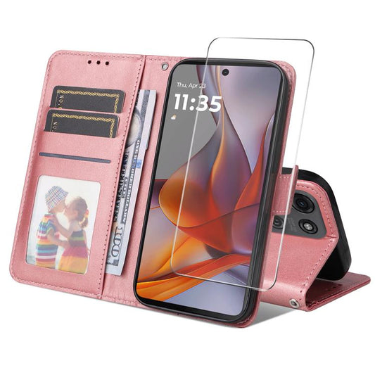 For Motorola Moto G75 ENKAY Card Wallet Calf Texture Leather Phone Case with Screen Film(Pink) - Motorola Cases by ENKAY | Online Shopping UK | buy2fix