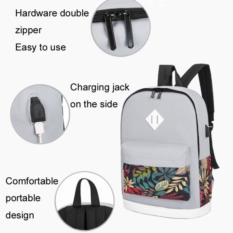 3 in 1 College Style Casual Backpack Student USB Charging Backpack(Leaves Blue) - Double-shoulder Bags by buy2fix | Online Shopping UK | buy2fix