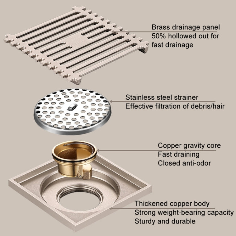 All Copper Brushed Anti-Odor Floor Drain Gravity Copper Core Bathroom Floor Drain, Specification: 8x30cm Long Medium Drain - Drain Strainers by buy2fix | Online Shopping UK | buy2fix