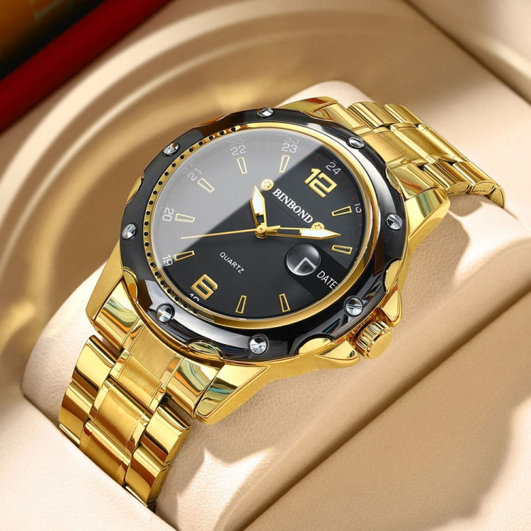 BINBOND B9696 Outdoor Calendar Luminous Waterproof Quartz Watch, Color: Full Gold-Black-Gold Nail - Metal Strap Watches by BINBOND | Online Shopping UK | buy2fix