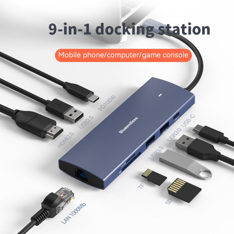 Blueendless 4K60Hz + Gigabit LAN + Data Type-C Docking Station, Spec: 9-in-1 Reading Card Blue - USB HUB by Blueendless | Online Shopping UK | buy2fix