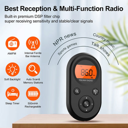 M01 Mini Portable Rechargeable FM / AM Radio With Backlight(Black) - Radio Player by buy2fix | Online Shopping UK | buy2fix