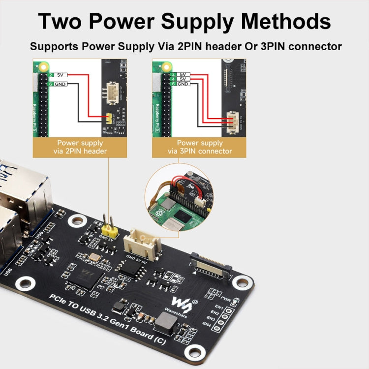 Waveshare For Raspberry Pi 5 PCIe To 4-Ch USB3.2 Gen1 Board(27834) - Raspberry Pi Accessories by Waveshare | Online Shopping UK | buy2fix