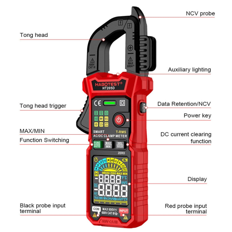 HABOTEST HT205D Clamp Intelligent Anti-Burning Multi-Function High Precision Digital Multimeter(Black Red) - Digital Multimeter by HABOTEST | Online Shopping UK | buy2fix