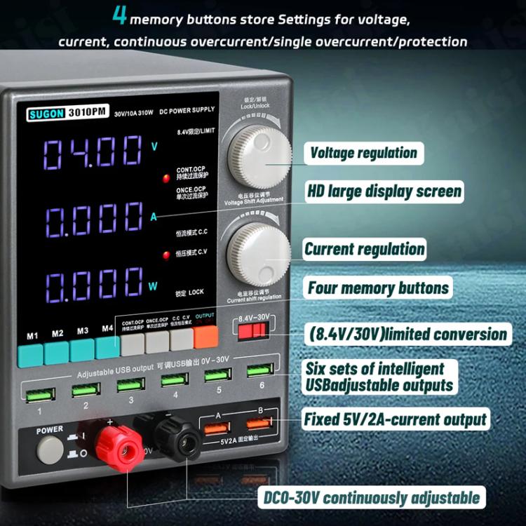 SUGON 3010PM 150W 30V 10A 4 Digital Display Cell Phone Repair Power Meter EU Plug - Power Supply by SUGON | Online Shopping UK | buy2fix