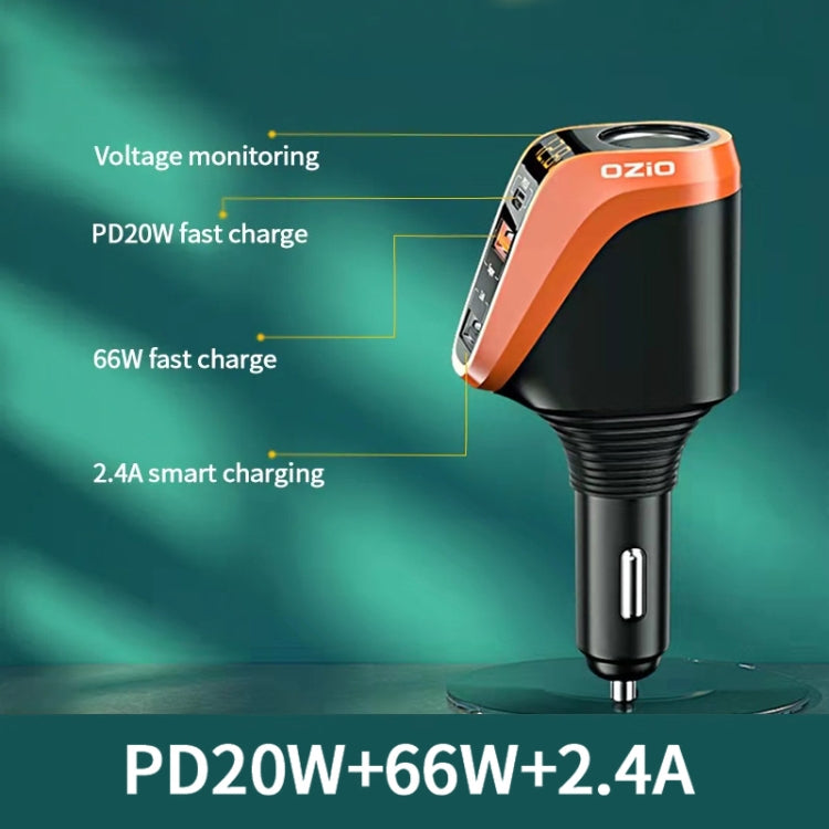 Ozio DY48TC 188W Type-C + USB Dual Port Multi-function Car Charger with Cigarette Lighter (Orange) - Car Charger by ozio | Online Shopping UK | buy2fix