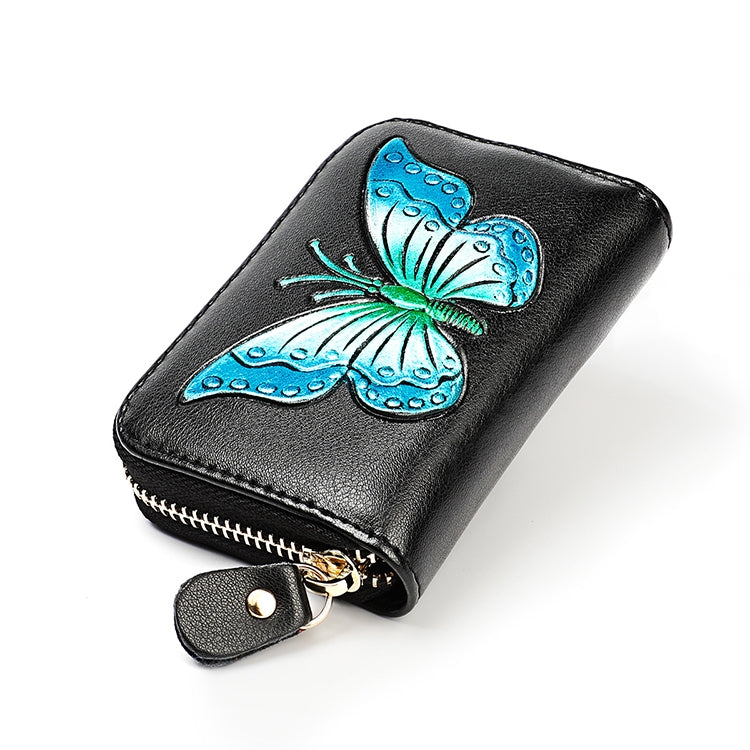 KB152 Butterfly Pattern Zipper Cowhide Leather Organ Shape Multiple Card Slots Anti-magnetic RFID Wallet for Ladies(Blue) - Antimagnetic RFID Package by buy2fix | Online Shopping UK | buy2fix