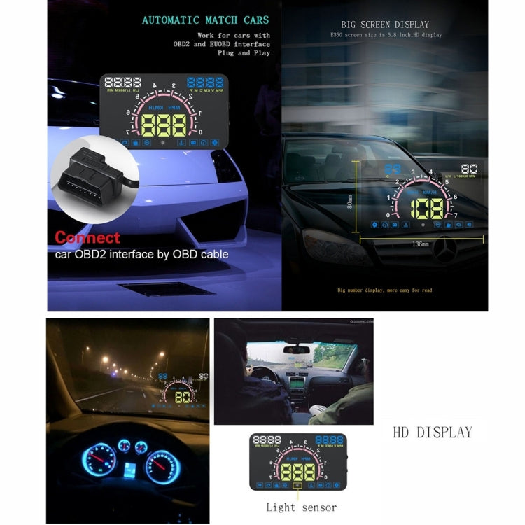 E350 5.8 inch Car HUD / OBD2 Vehicle-mounted Gator Automotive Head Up Display Security System with Multi-color LED, Support Car Real Speed & Turn Speed & Water Temperature & Oil Consumption & Driving  ... peed Alarm, Mile Switching, Light Sensor Functions - Head Up Display System by buy2fix | Online Shopping UK | buy2fix