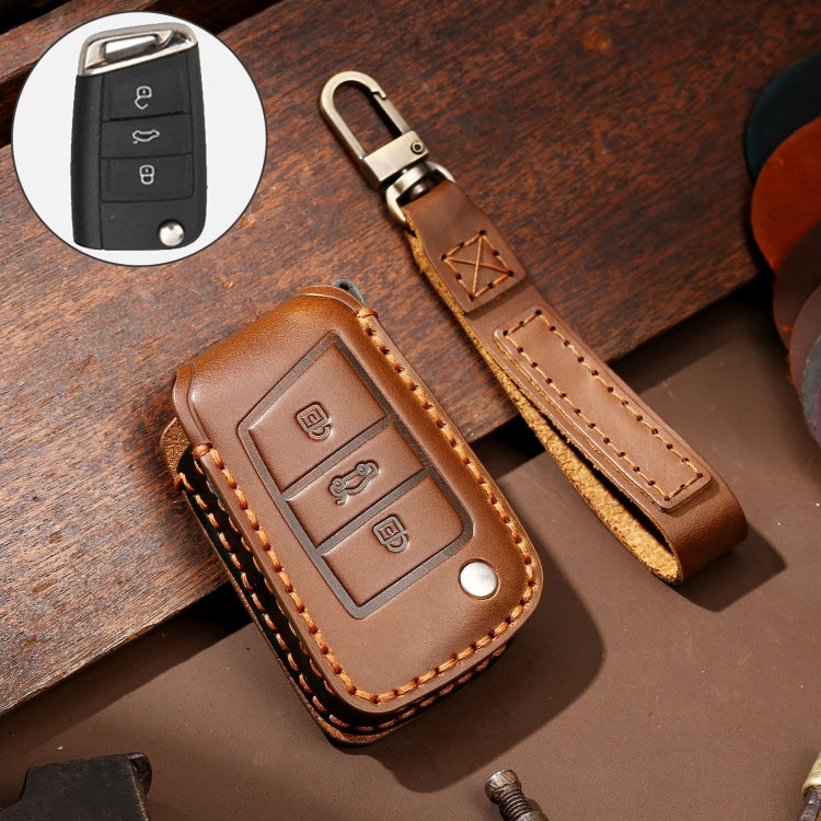 Hallmo Car Cowhide Leather Key Protective Cover Key Case for Volkswagen Lavida B Style(Brown) - Car Key Cases by Hallmo | Online Shopping UK | buy2fix