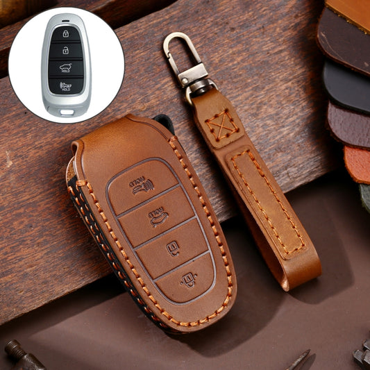 Hallmo Car Cowhide Leather Key Protective Cover Key Case for Hyundai 4-button(Brown) - Car Key Cases by Hallmo | Online Shopping UK | buy2fix