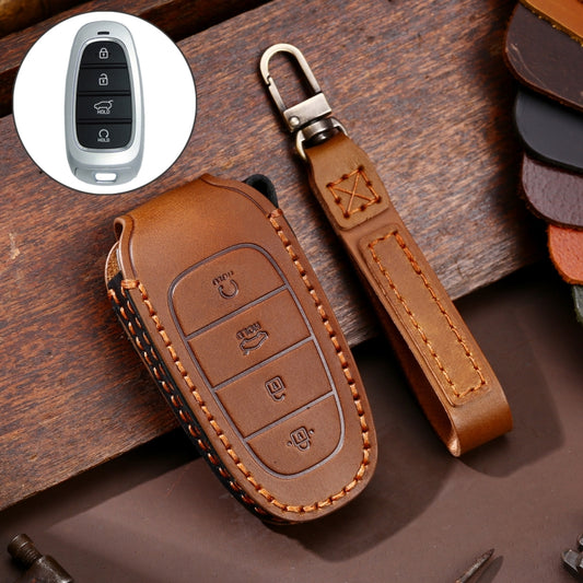 Hallmo Car Cowhide Leather Key Protective Cover Key Case for Hyundai 4-button Start(Brown) - Car Key Cases by Hallmo | Online Shopping UK | buy2fix