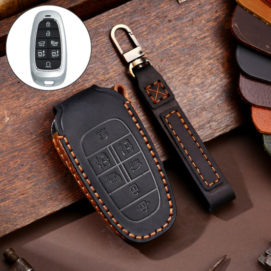 Hallmo Car Cowhide Leather Key Protective Cover Key Case for Hyundai 7-button(Black) - Car Key Cases by Hallmo | Online Shopping UK | buy2fix