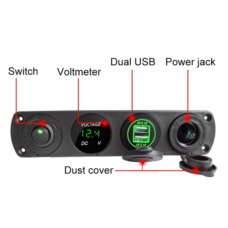 3 PCS 4-hole Panel Combination Switch Dual USB 4.2A Power Plug with Voltmeter (Green Light) - In Car by buy2fix | Online Shopping UK | buy2fix