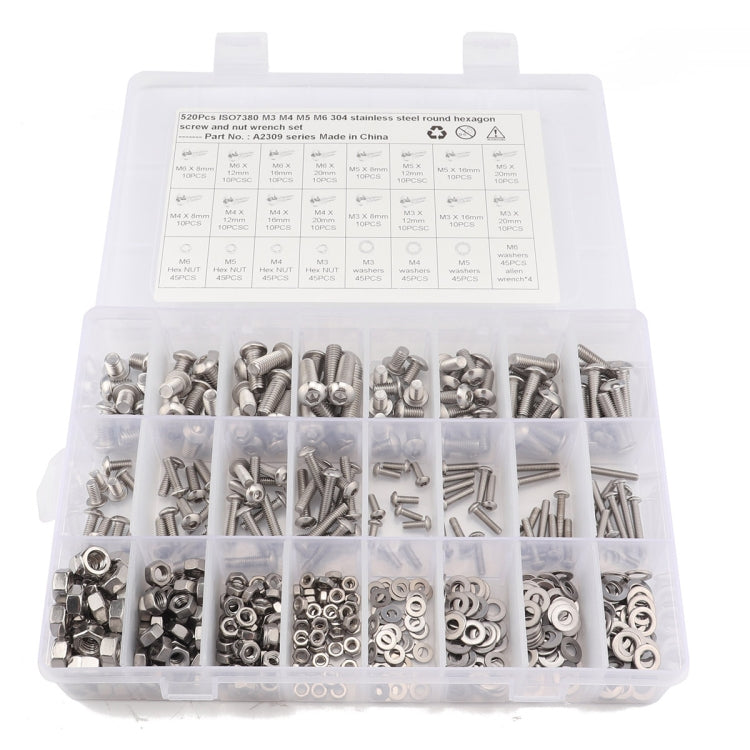 520 PCS 304 Stainless Steel Screws and Nuts Hex Socket Head Cap Screws Gasket Wrench Assortment Set Kit - In Car by buy2fix | Online Shopping UK | buy2fix
