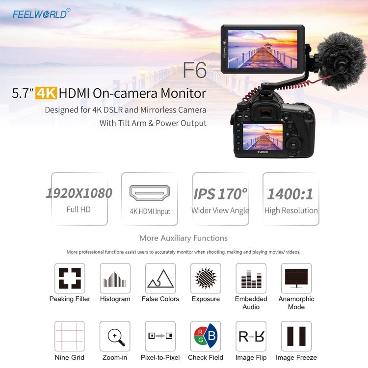 FEELWORLD F6 1920x1080 5.5 inch IPS Screen HDMI 4K Camera Field Monitor - On-camera Monitors by FEELWORLD | Online Shopping UK | buy2fix