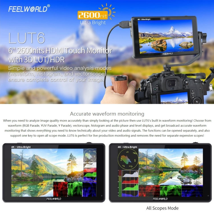 FEELWORLD LUT6 1920x1080 2600 nits 6 inch IPS Screen HDMI 4K Touch Control Camera Field Monitor - Camera Accessories by FEELWORLD | Online Shopping UK | buy2fix