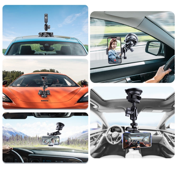 Single Suction Cup Mount Phone Holder with Tripod Adapter & Steel Tether & Safety Buckle (Black) - In Car by buy2fix | Online Shopping UK | buy2fix