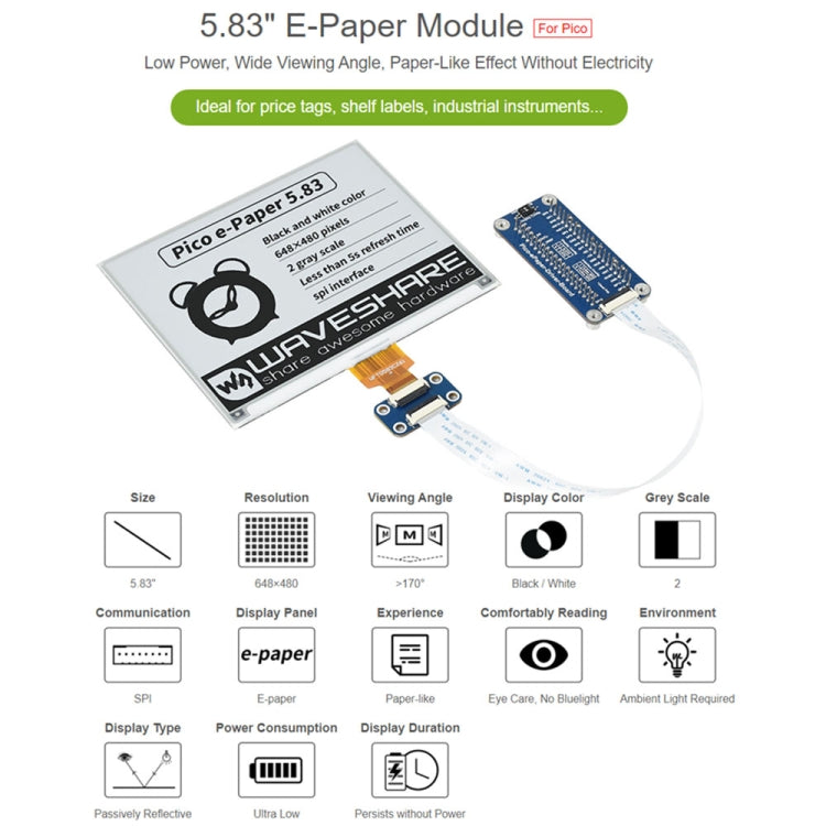 Waveshare 5.83 inch 648x480 Pixel Black White E-Paper E-Ink Display Module for Raspberry Pi Pico, SPI Interface - Modules Expansions Accessories by WAVESHARE | Online Shopping UK | buy2fix